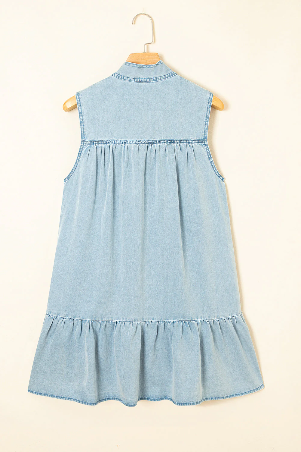 Real Teal Bowknot Neck Ruffled Sleeveless Chambray Dress - Image 13