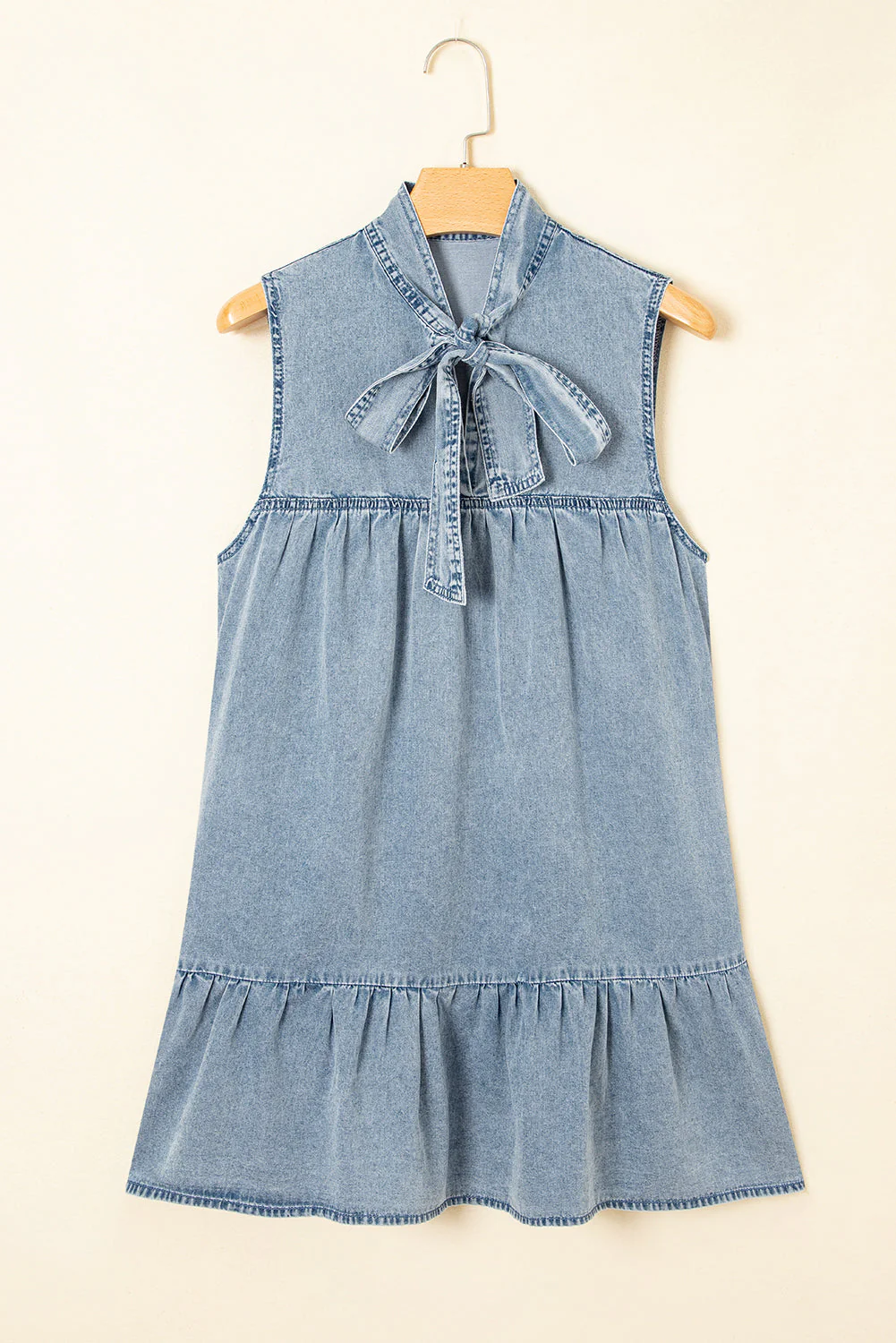 Real Teal Bowknot Neck Ruffled Sleeveless Chambray Dress - Image 4