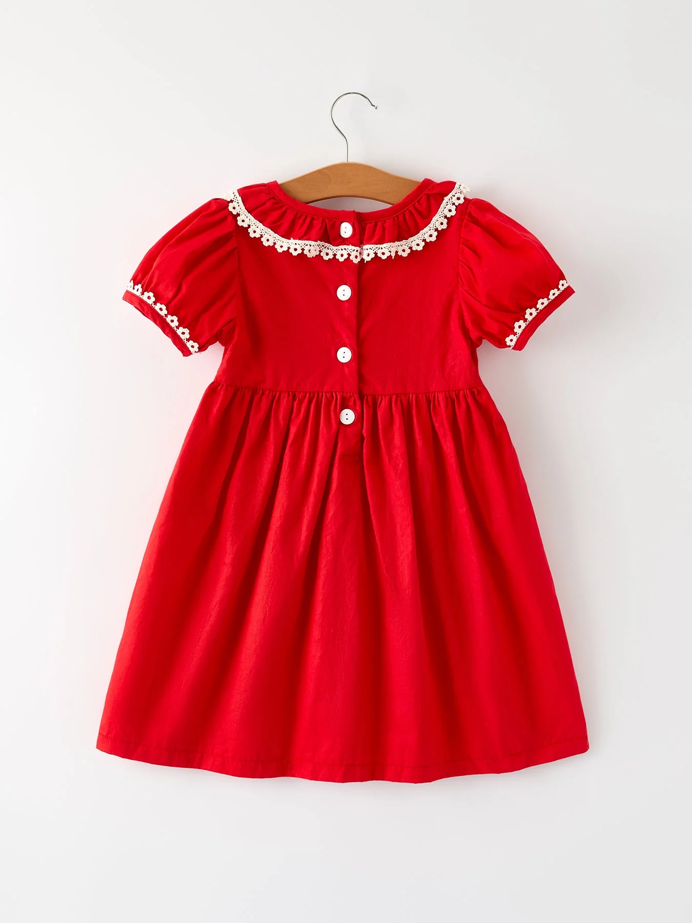 Red Christmas Girls Dress: Cross Embroidery with Lace Trim - Image 2