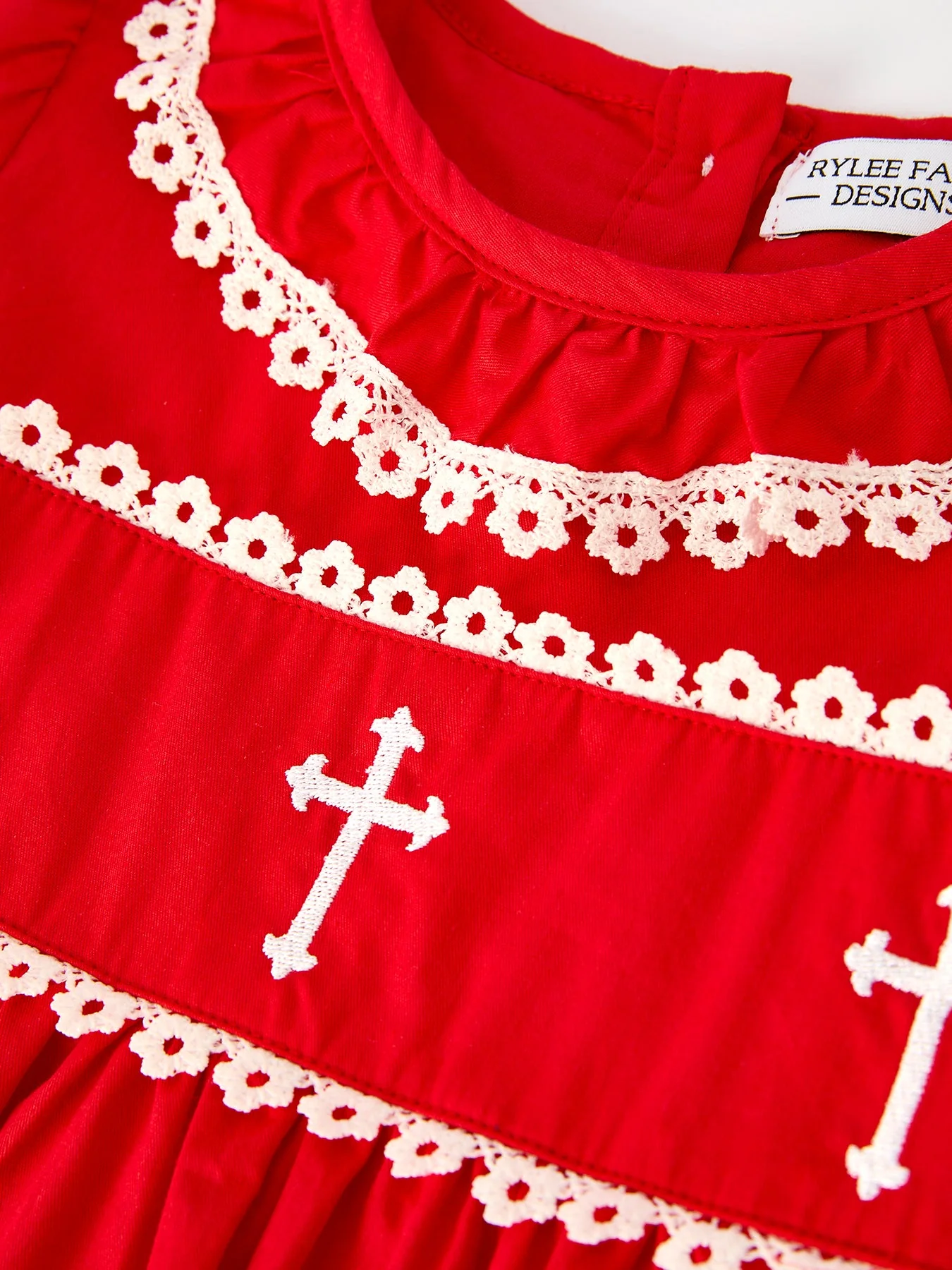Red Christmas Girls Dress: Cross Embroidery with Lace Trim - Image 3