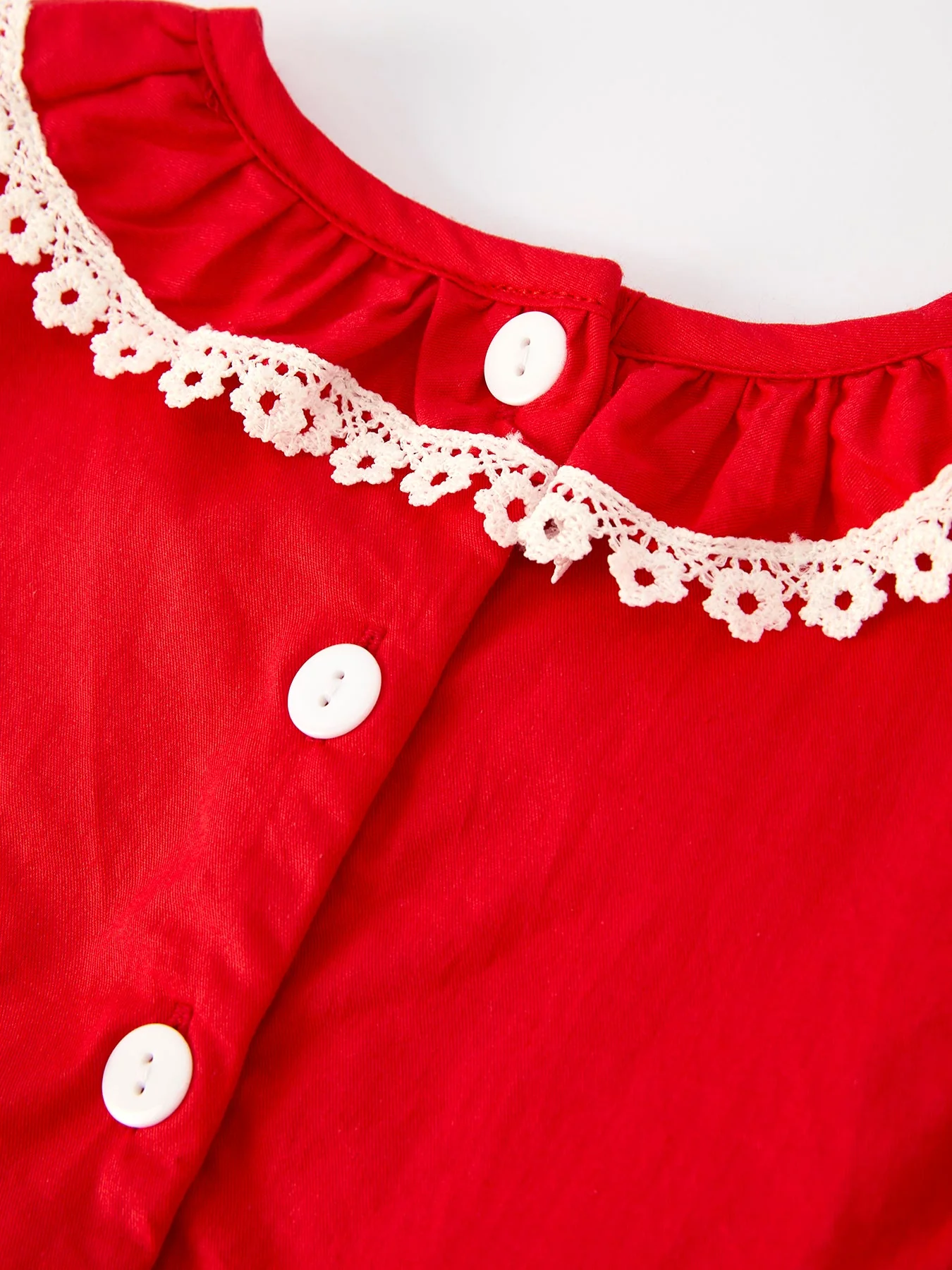Red Christmas Girls Dress: Cross Embroidery with Lace Trim - Image 5
