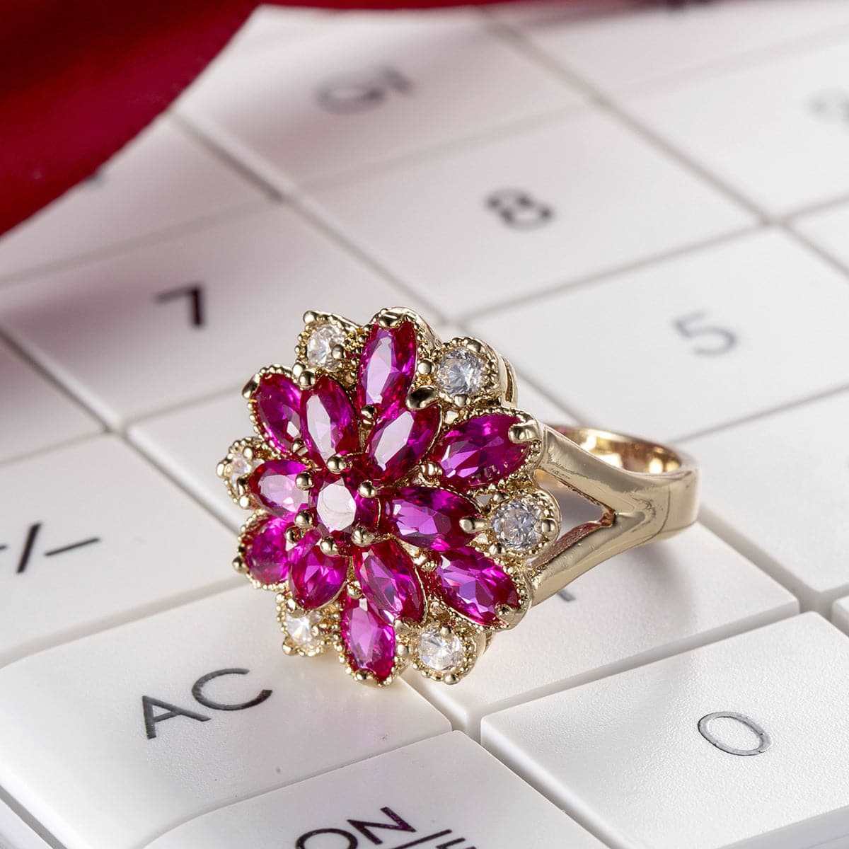Red Corundum & Cubic Zirconia Flower Ring - Image 6