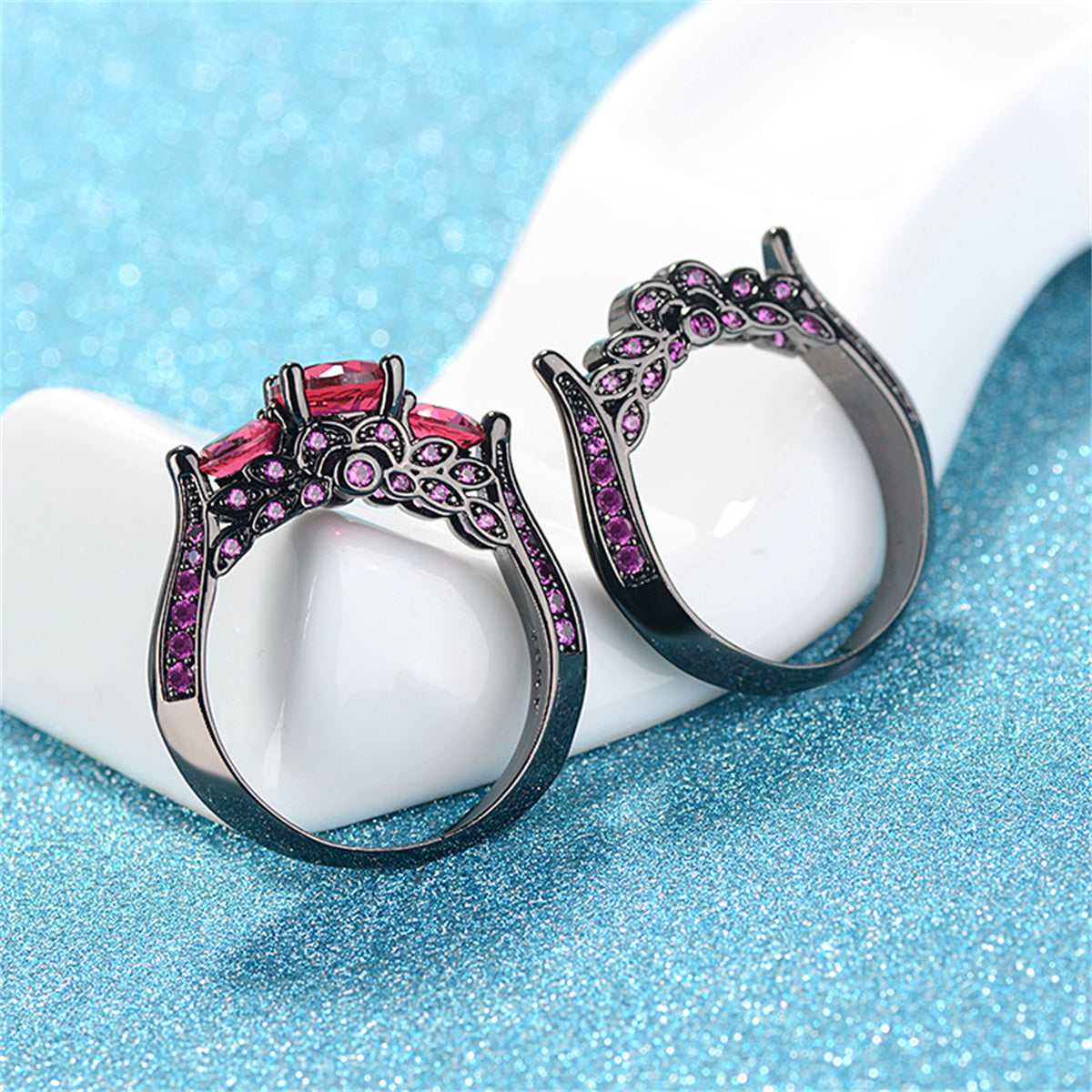 Red Crystal & Cubic Zirconia Botanical Ring Set - Image 3