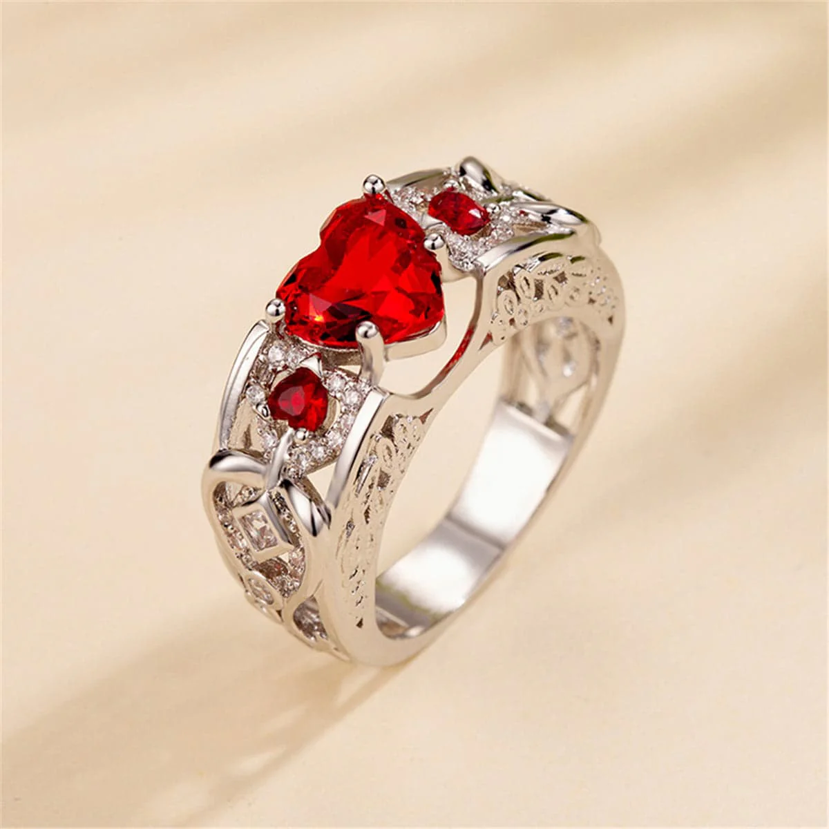 Red Crystal & Cubic Zirconia Heart Ring - Image 5