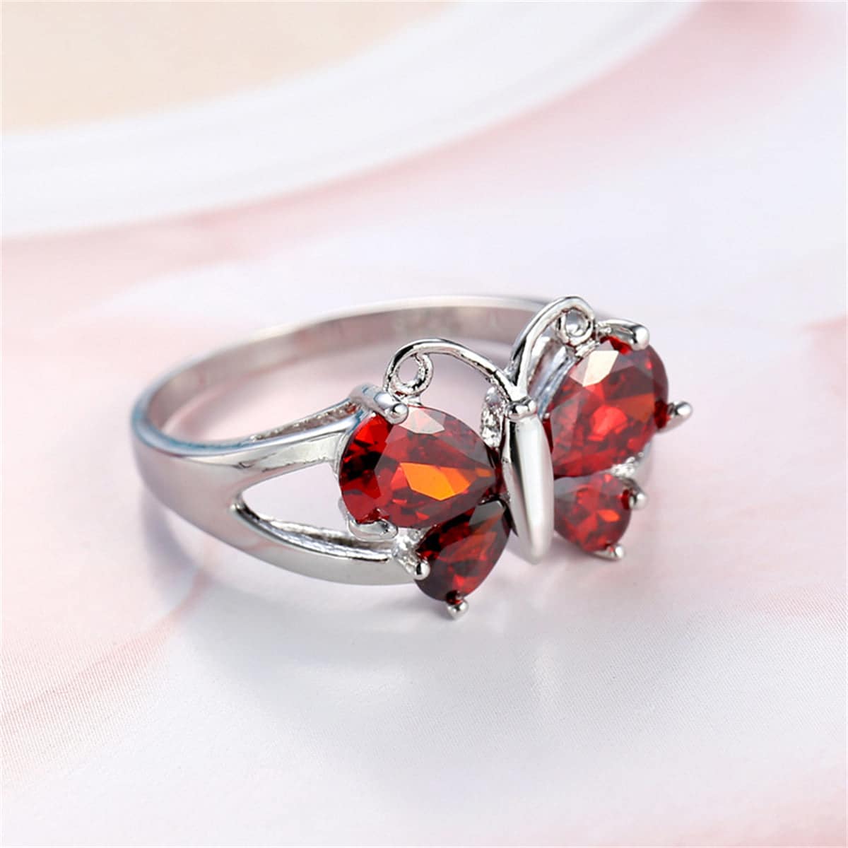 Red Crystal & Silvertone Butterfly Ring - Image 7