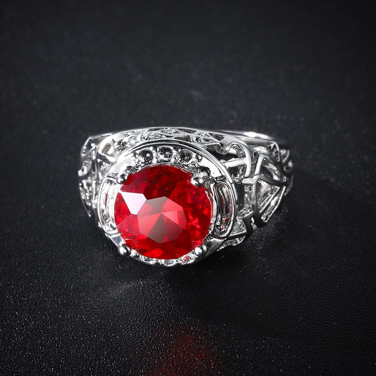 Red Crystal & Silvertone Filigree Cocktail Ring - Image 5