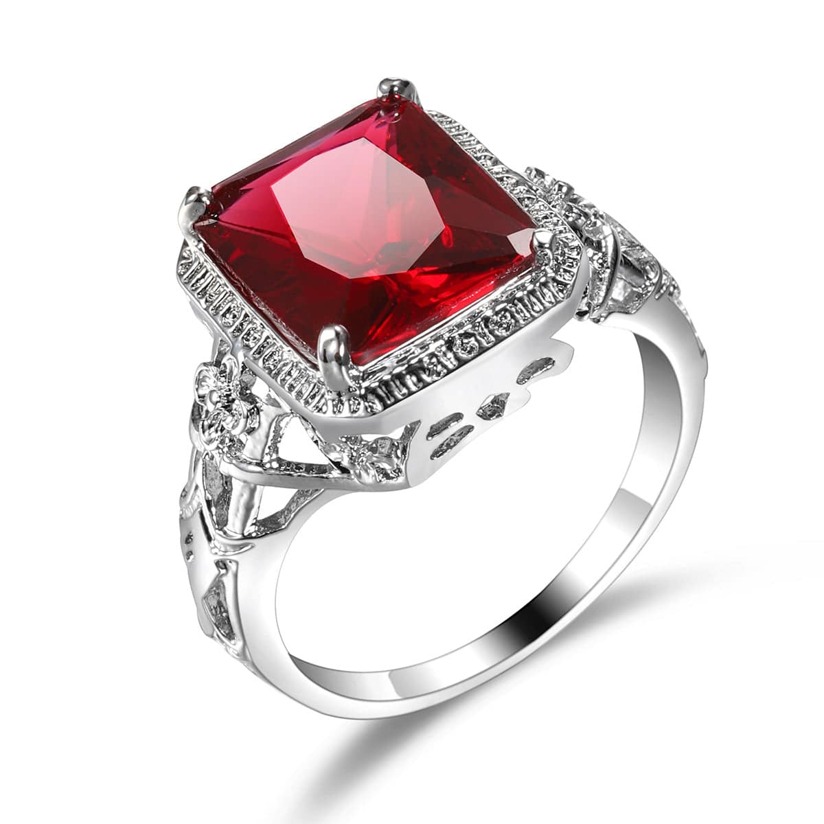 Red Crystal & Silvertone Openwork Floral Princess-Cut Ring - Image 5
