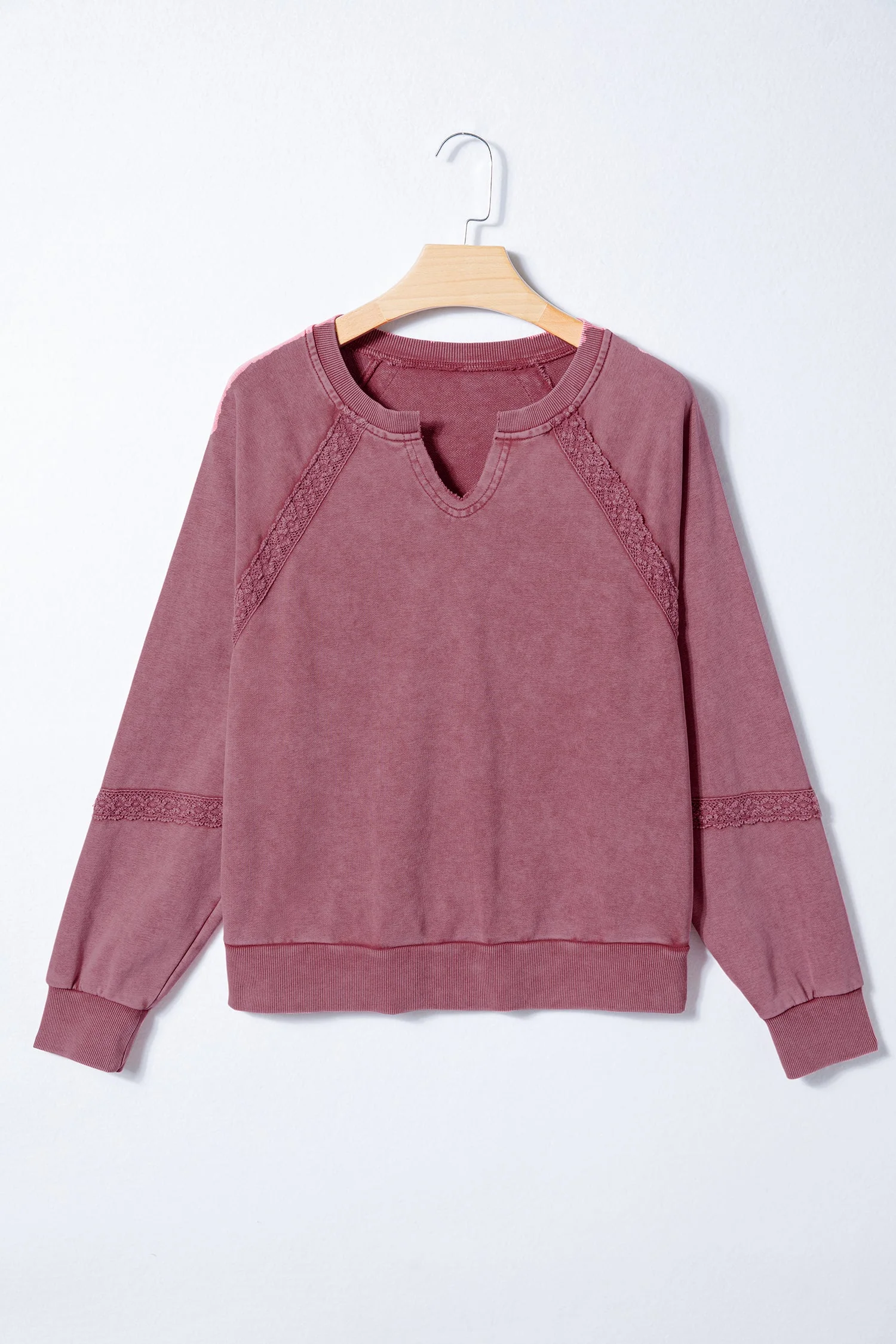 Red Dahlia Lace Patchwork Detail Notched Neck Mineral Wash Baggy Sweatshirt - Image 4