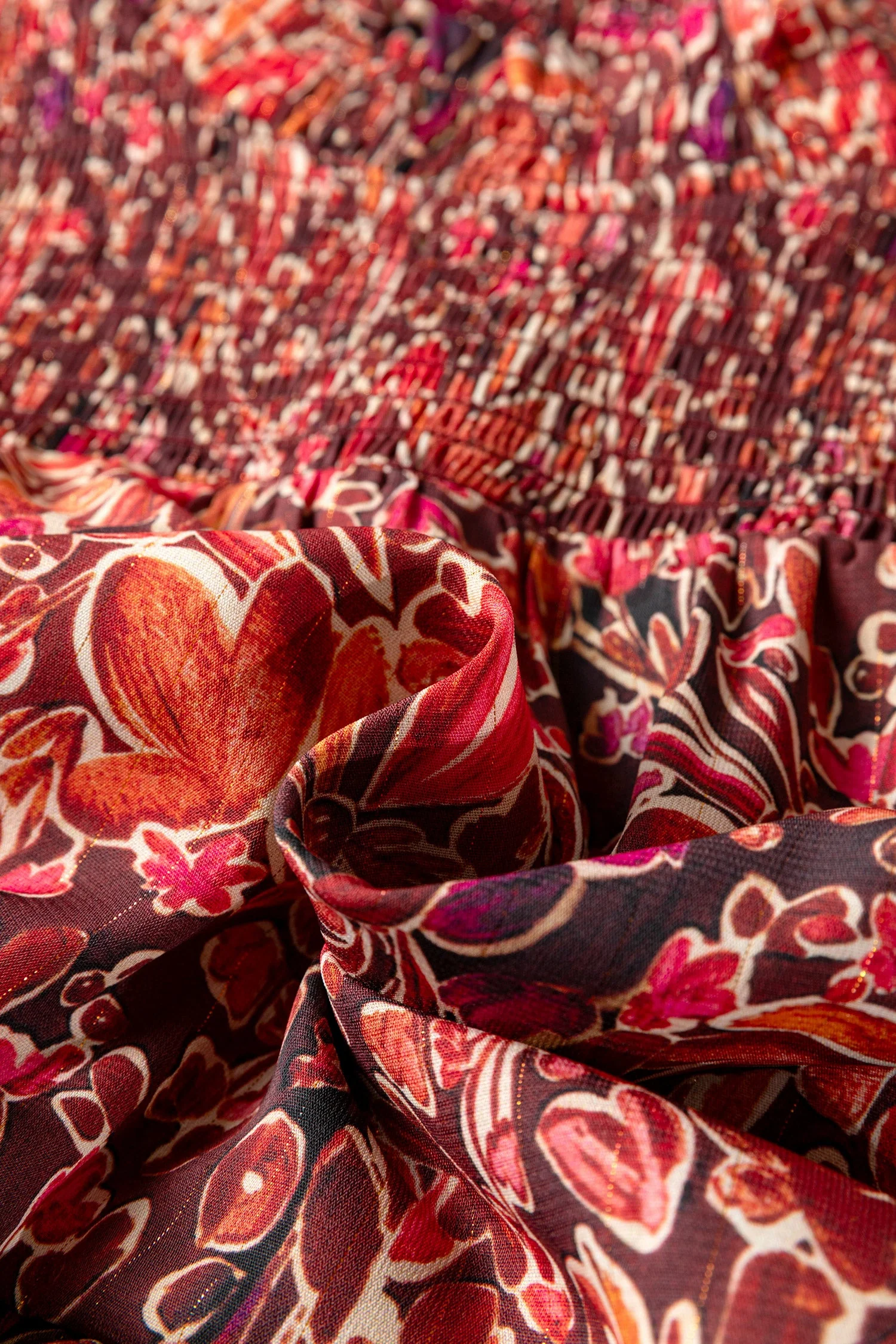 Red Floral Print Long Sleeve Shirred High Neck Loose Mini Dress - Image 10