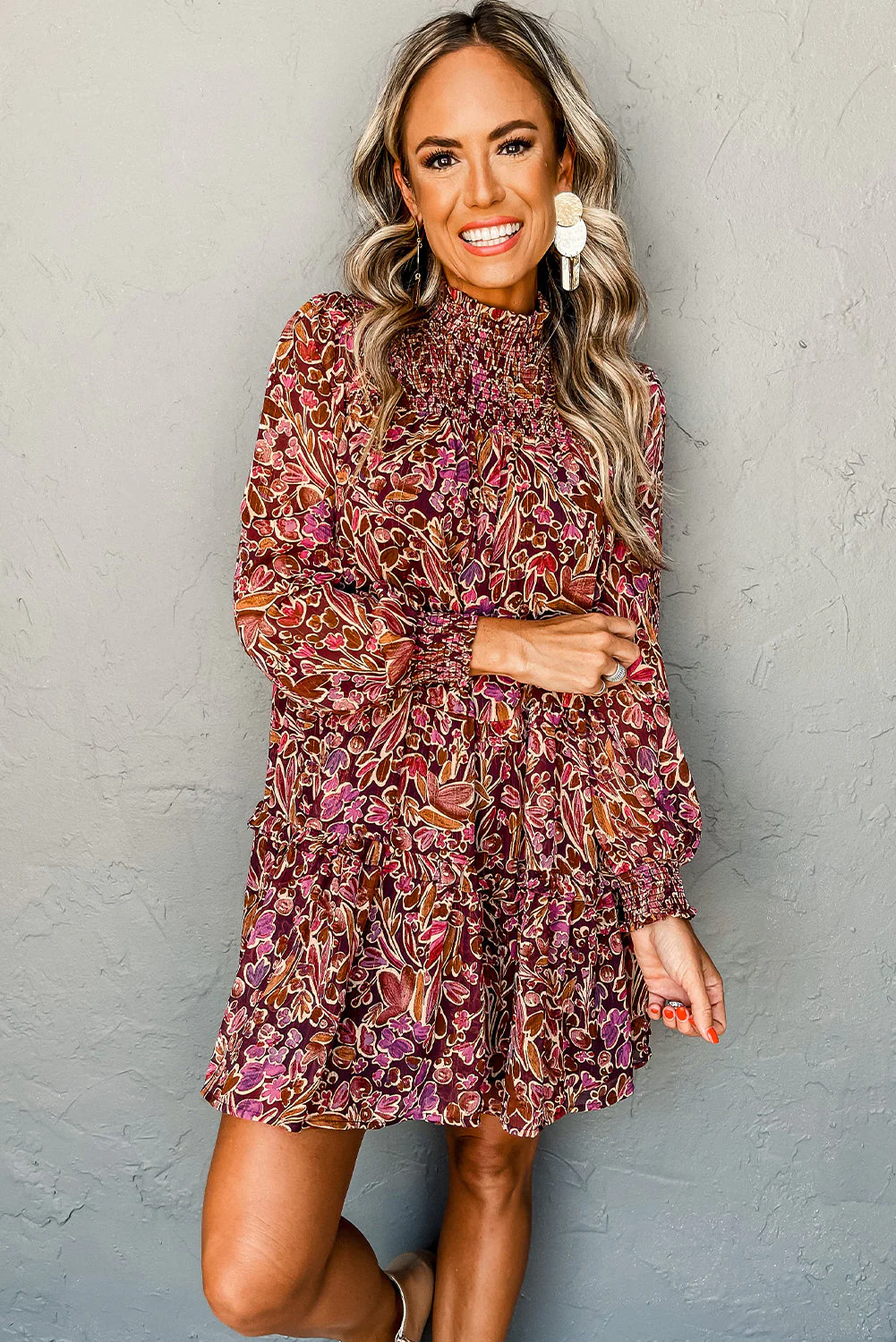 Red Floral Print Long Sleeve Shirred High Neck Loose Mini Dress - Image 4