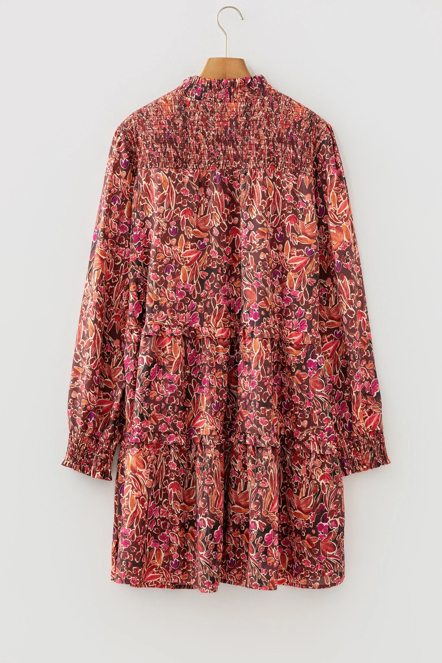 Red Floral Print Long Sleeve Shirred High Neck Loose Mini Dress - Image 7