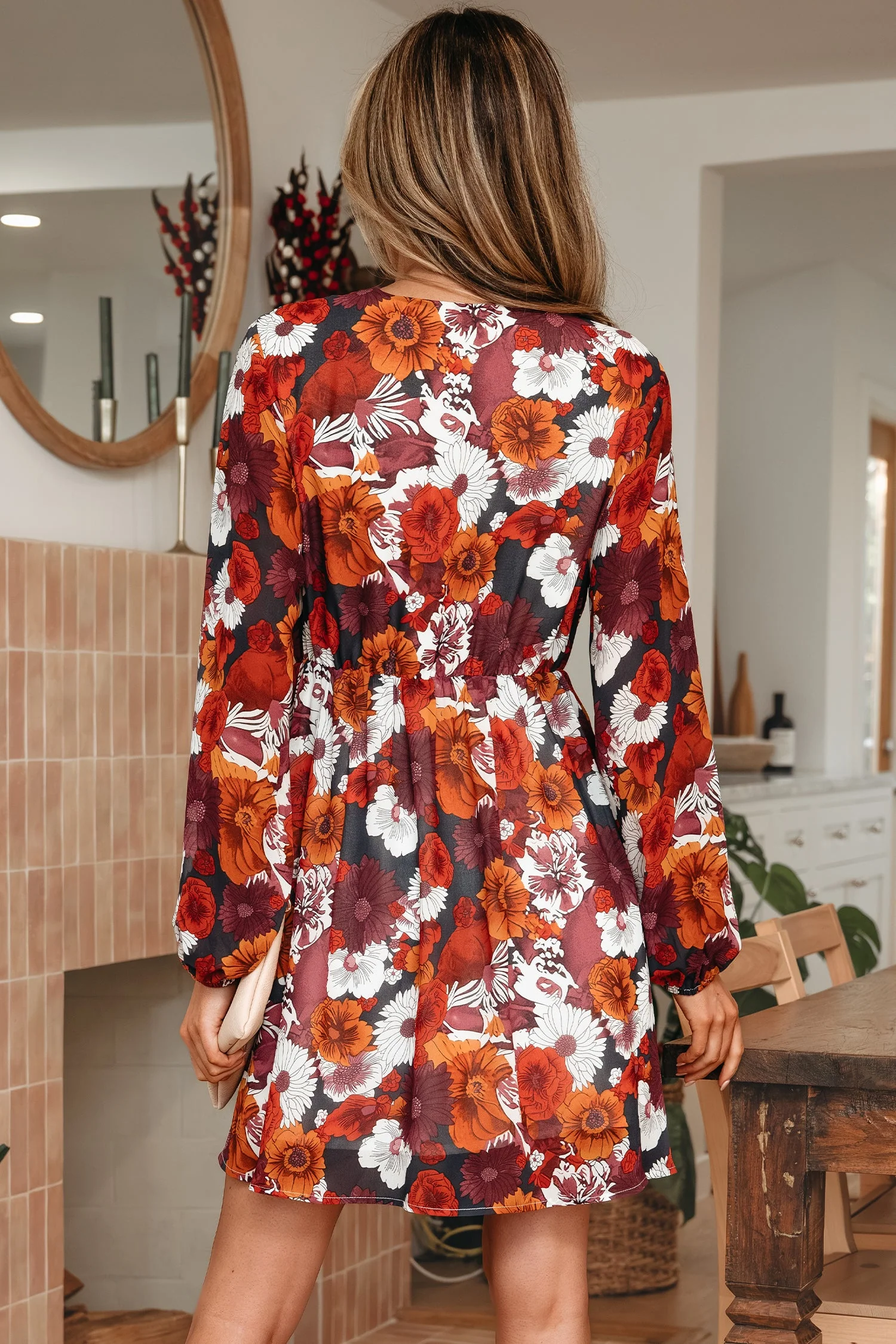 Red Floral Print Wrap V Neck Puff Sleeve Flowy Mini Dress - Image 6