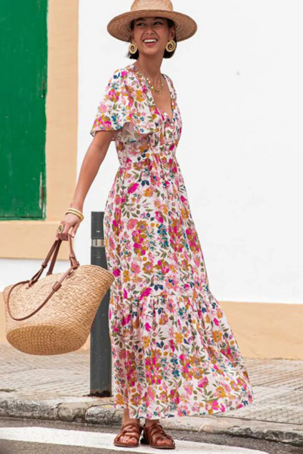 Red Floral Short Sleeve V Neck High Waist Maxi Dress - Image 8