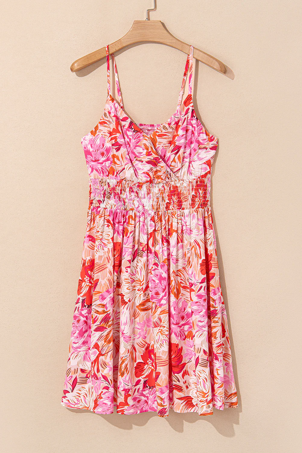 Red Floral Spaghetti Strap Surplice Neck Shirred Waist Mini Dress - Image 7