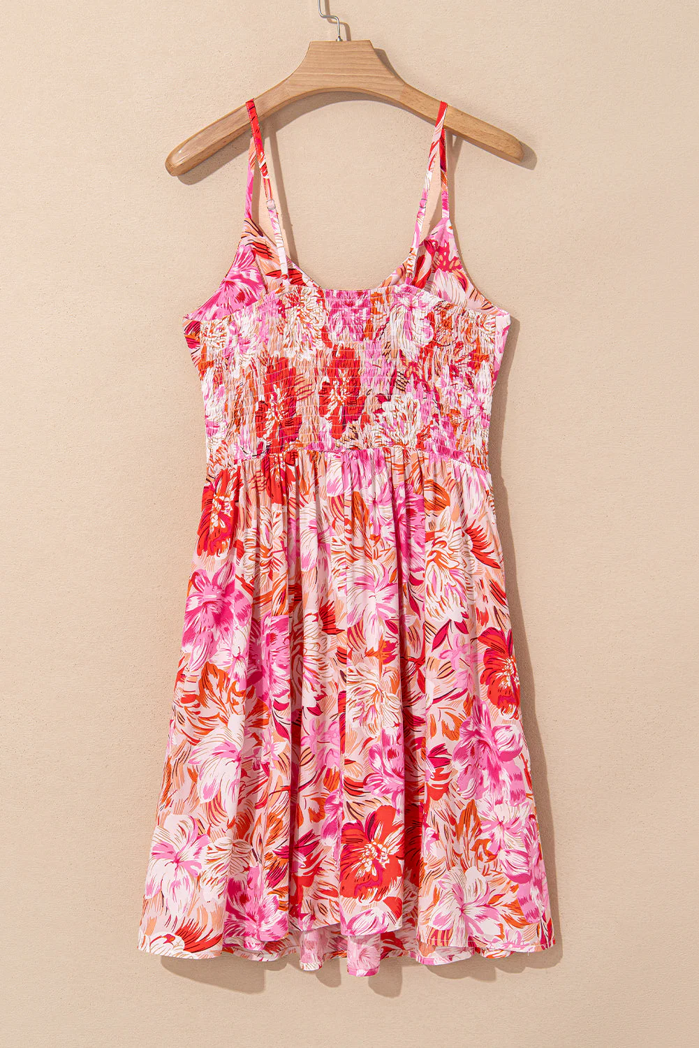 Red Floral Spaghetti Strap Surplice Neck Shirred Waist Mini Dress - Image 8