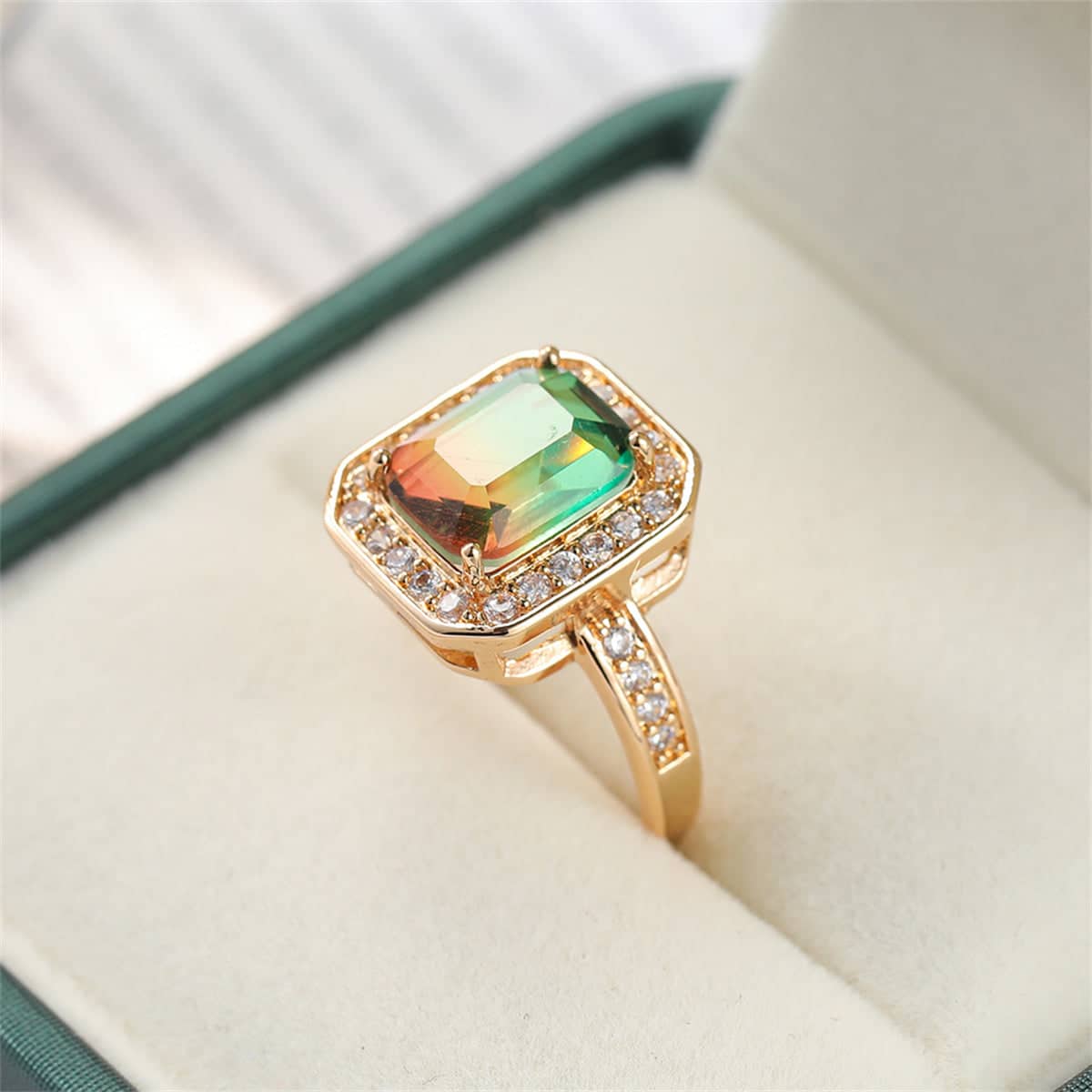 Red-Green Crystal & Cubic Zirconia Radiant-Cut Channel Halo Ring