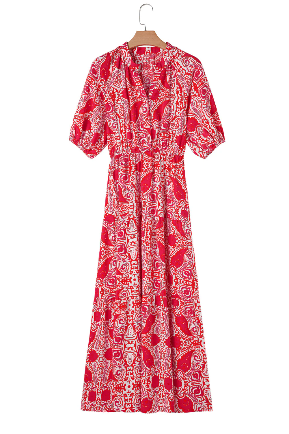 Red Paisley Print Side Slit Puff Sleeve High Waist Maxi Dress - Image 13