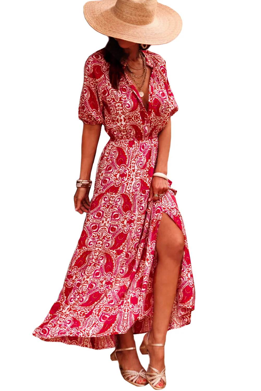 Red Paisley Print Side Slit Puff Sleeve High Waist Maxi Dress - Image 14