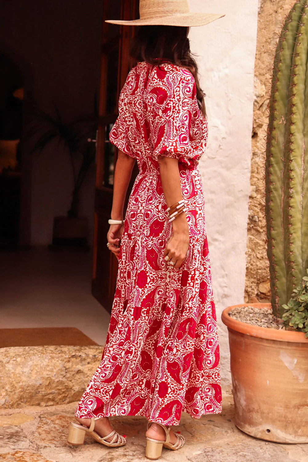 Red Paisley Print Side Slit Puff Sleeve High Waist Maxi Dress - Image 2