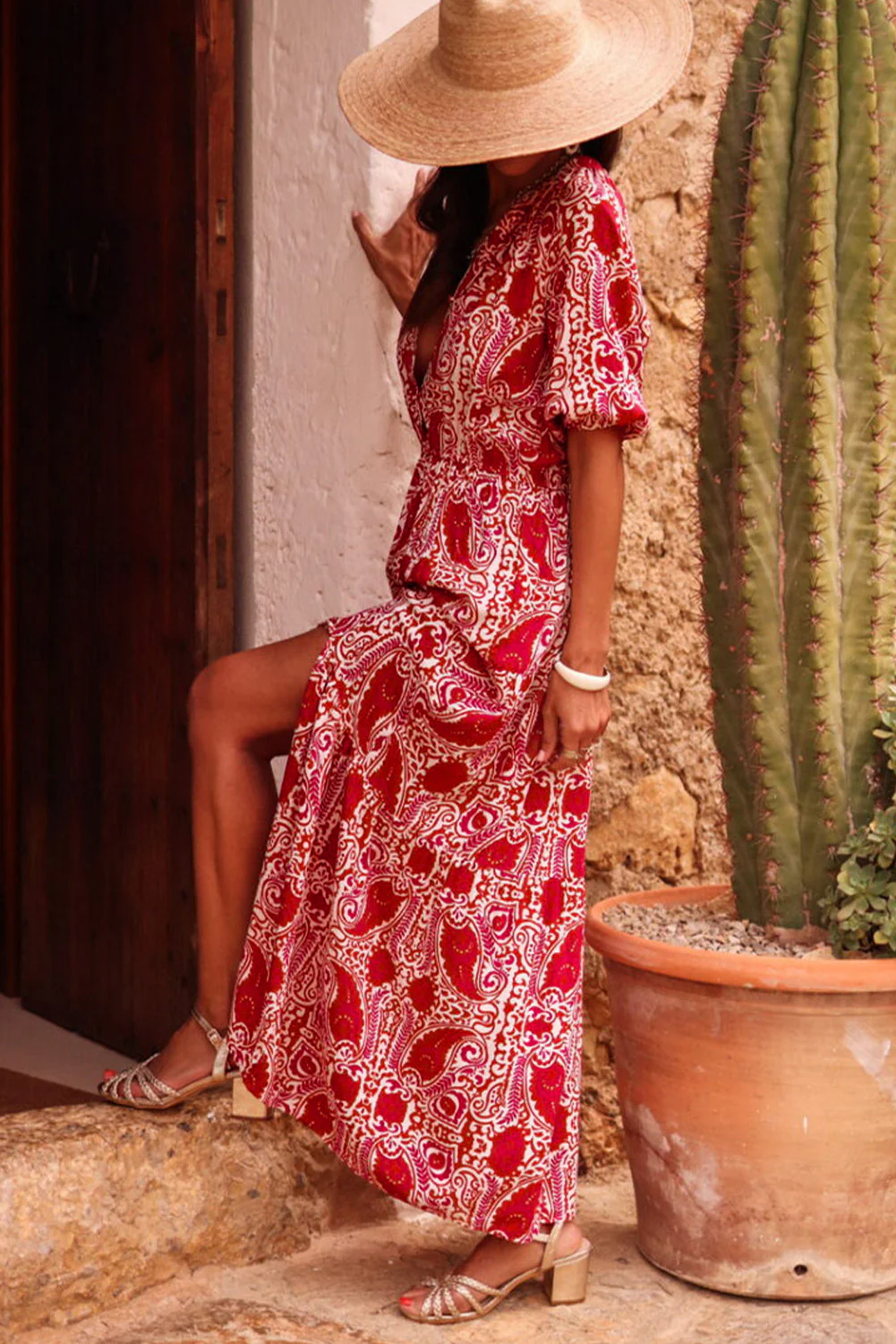 Red Paisley Print Side Slit Puff Sleeve High Waist Maxi Dress - Image 3