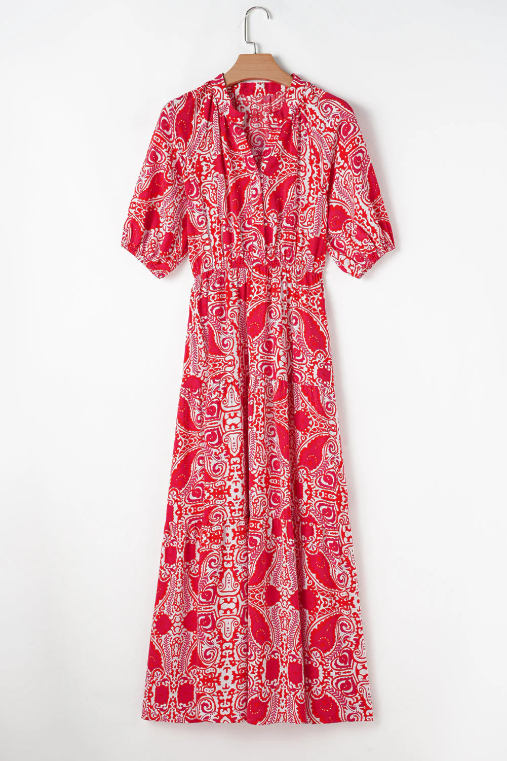 Red Paisley Print Side Slit Puff Sleeve High Waist Maxi Dress - Image 6