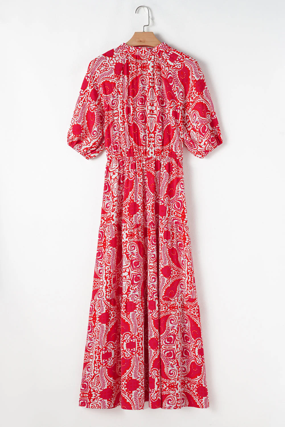 Red Paisley Print Side Slit Puff Sleeve High Waist Maxi Dress - Image 7
