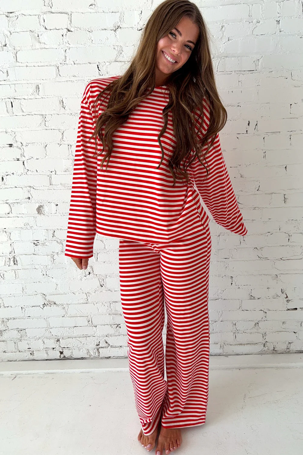 Red Stripe Drop Shoulder Long Sleeve Top Lounge Pants 2pcs Set - Image 2