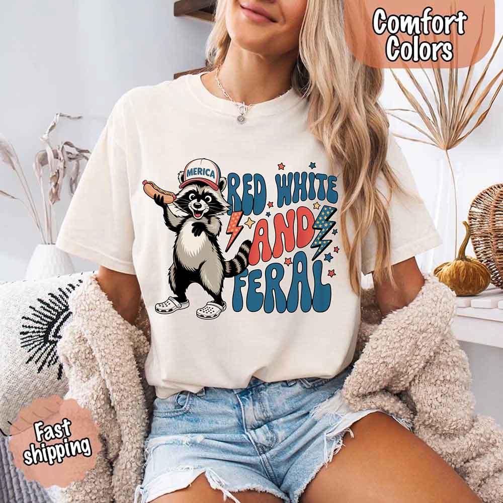 Red White & Feral Comfort Colors Tee – Funny Raccoon 4th of July Shirt - Image 10