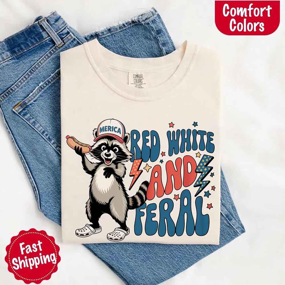 Red White & Feral Comfort Colors Tee – Funny Raccoon 4th of July Shirt - Image 11