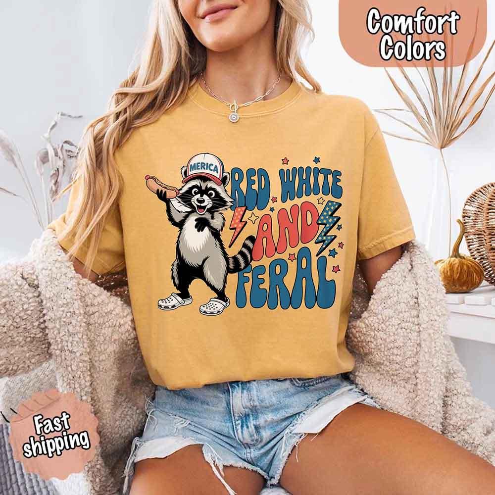 Red White & Feral Comfort Colors Tee – Funny Raccoon 4th of July Shirt - Image 12
