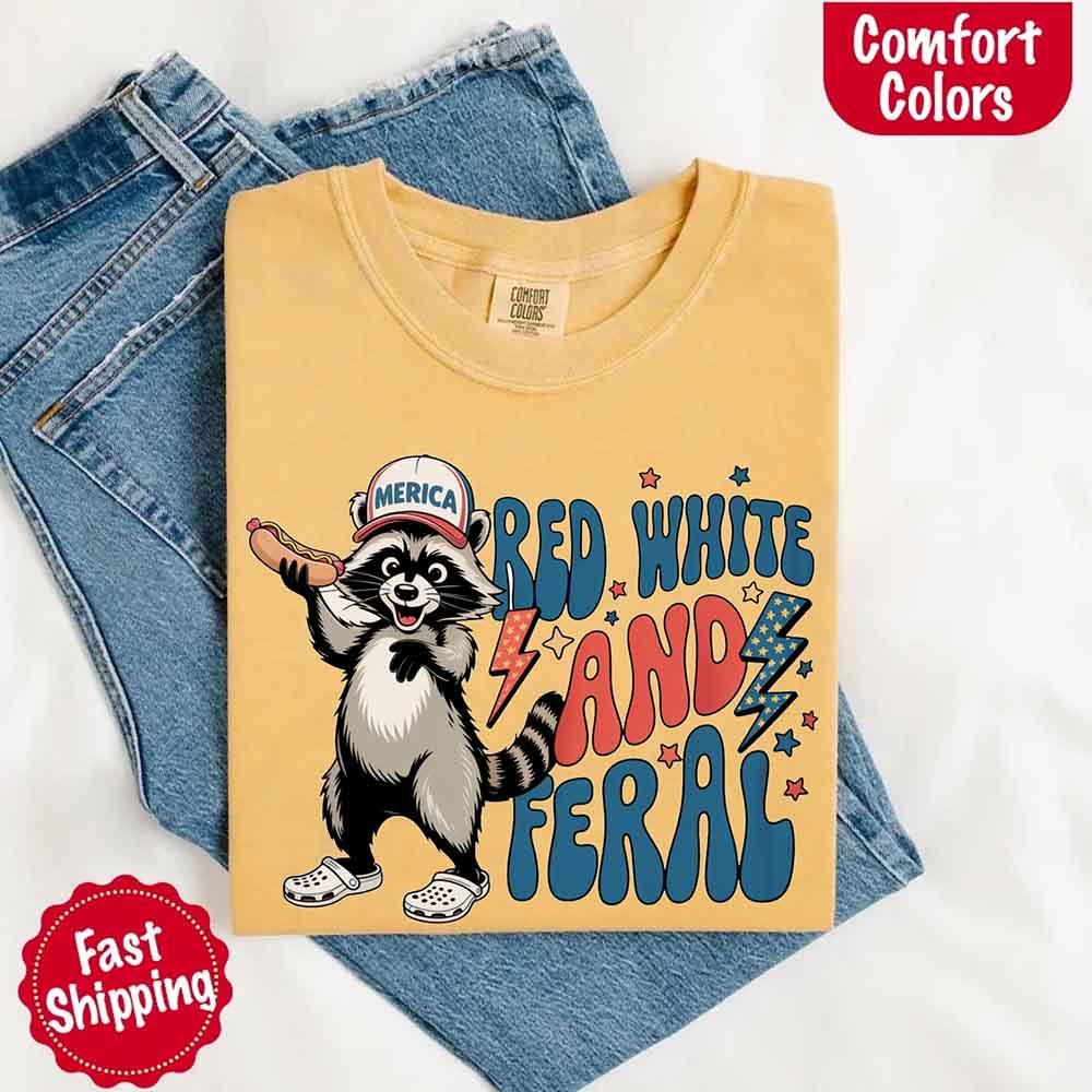 Red White & Feral Comfort Colors Tee – Funny Raccoon 4th of July Shirt - Image 13