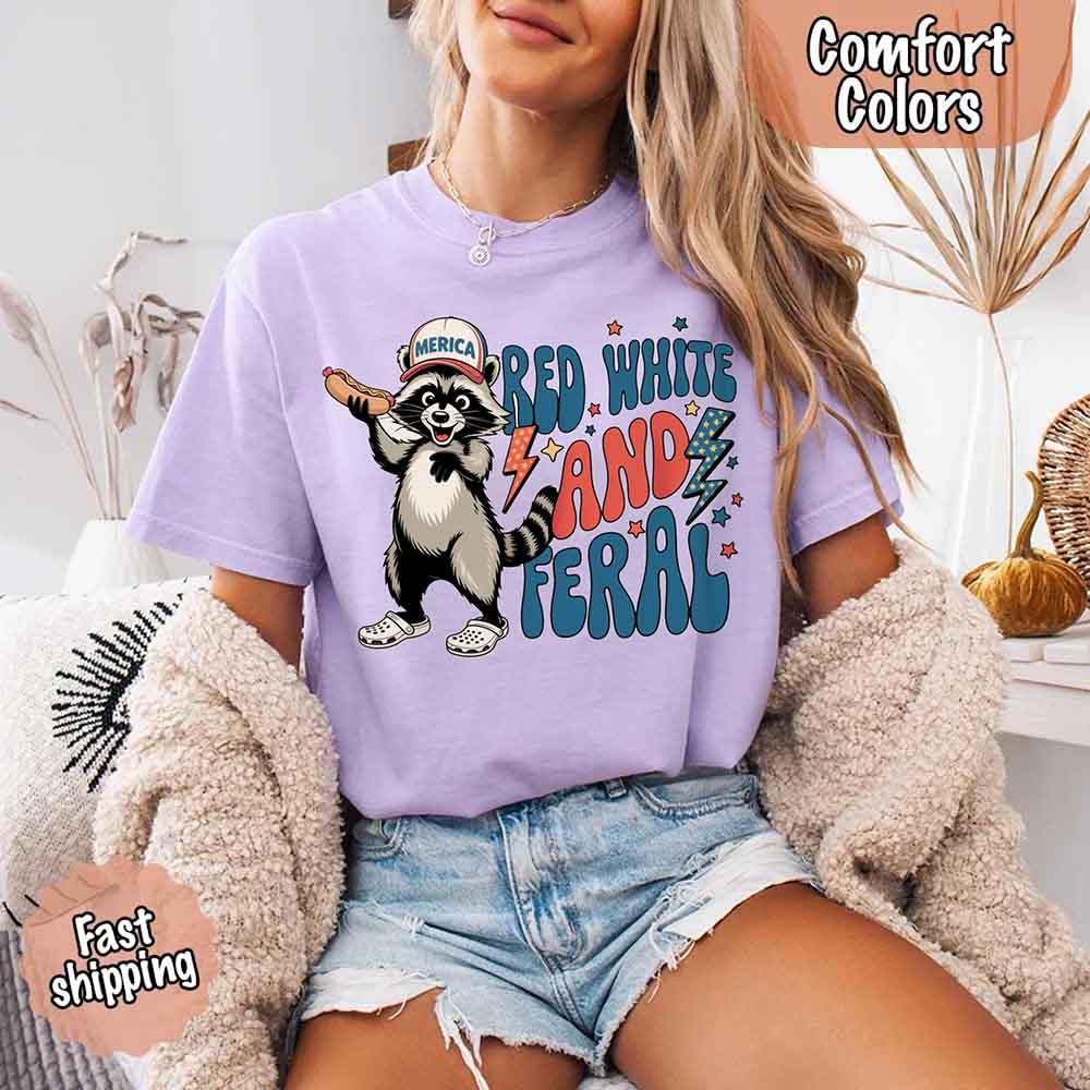 Red White & Feral Comfort Colors Tee – Funny Raccoon 4th of July Shirt - Image 14