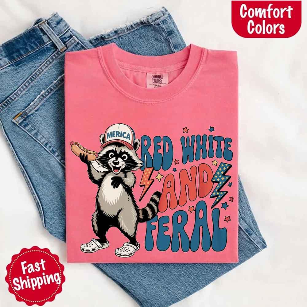 Red White & Feral Comfort Colors Tee – Funny Raccoon 4th of July Shirt - Image 16