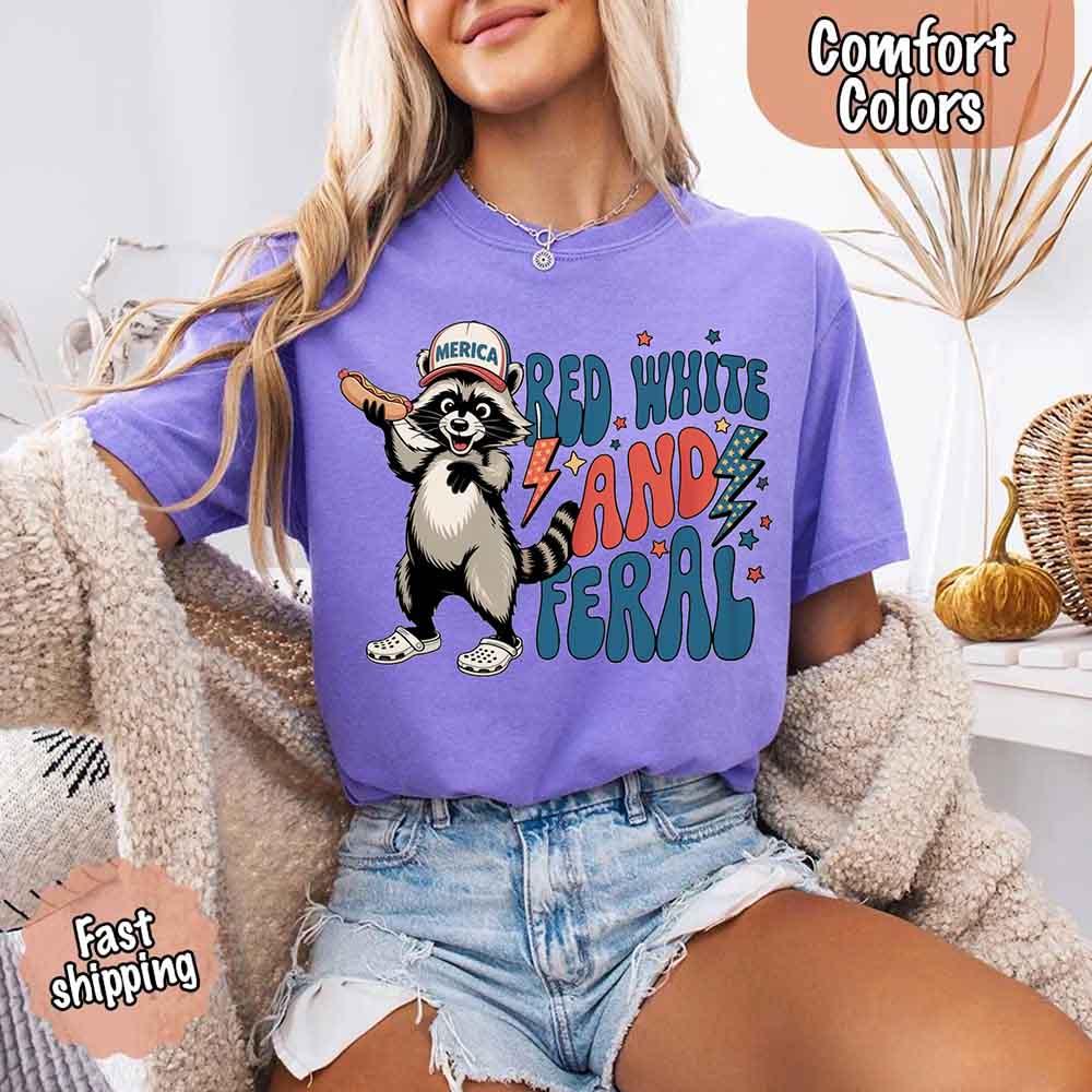 Red White & Feral Comfort Colors Tee – Funny Raccoon 4th of July Shirt - Image 17