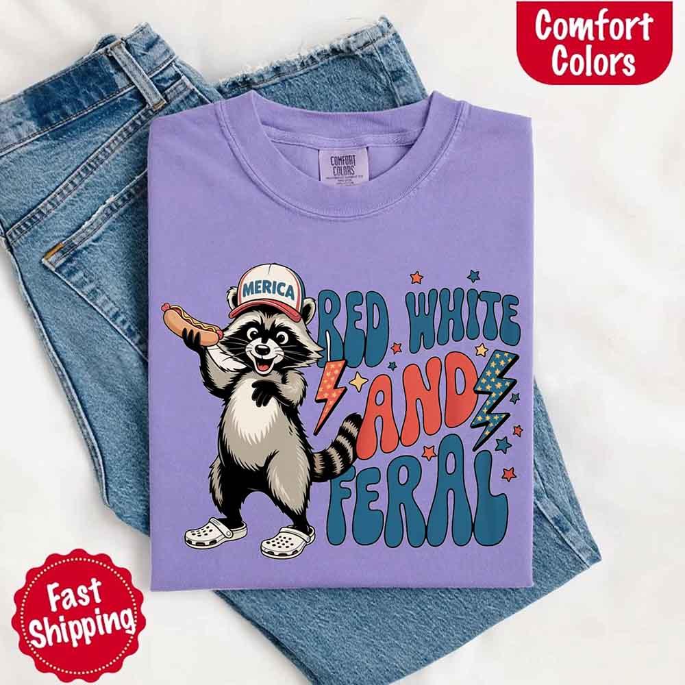 Red White & Feral Comfort Colors Tee – Funny Raccoon 4th of July Shirt - Image 18