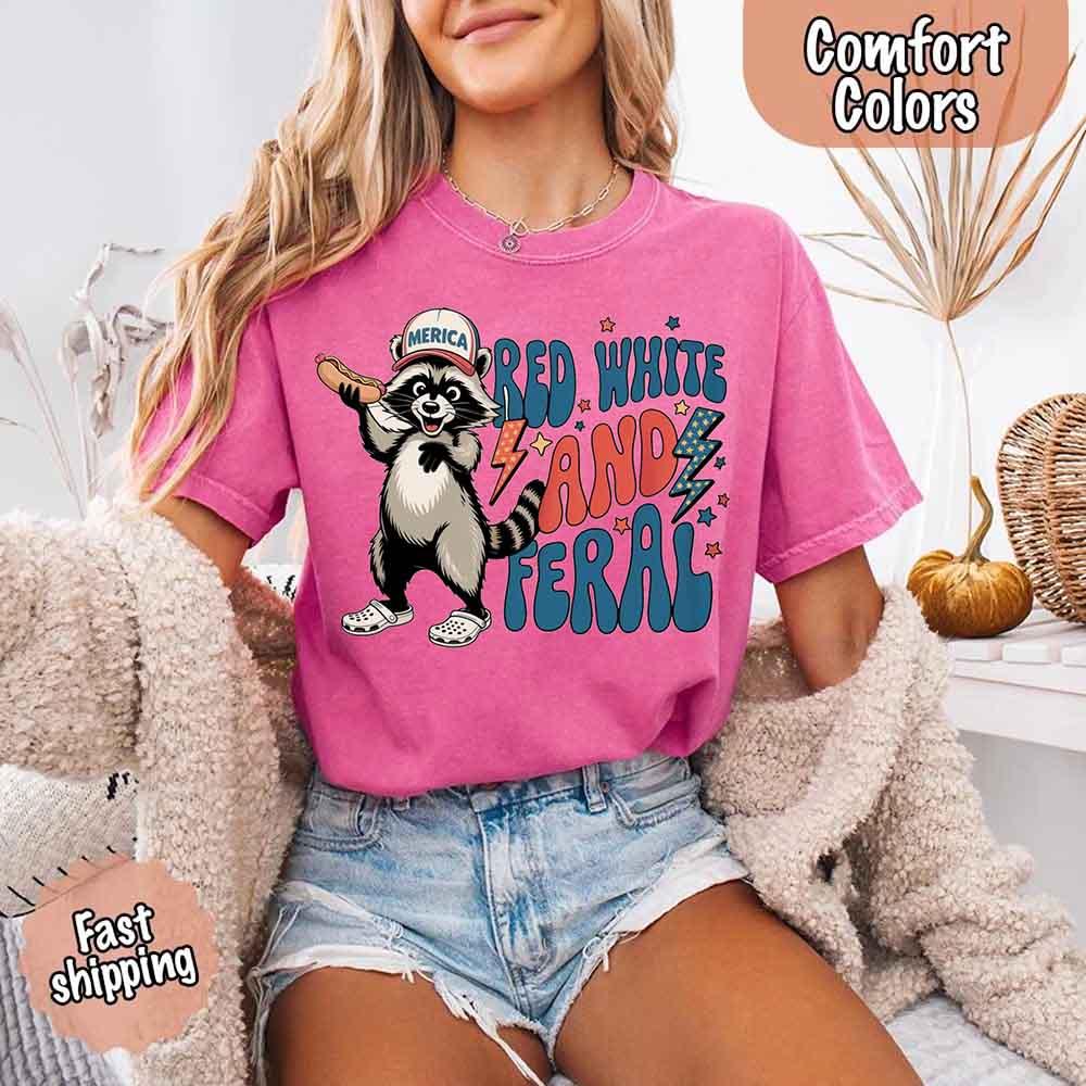 Red White & Feral Comfort Colors Tee – Funny Raccoon 4th of July Shirt - Image 19