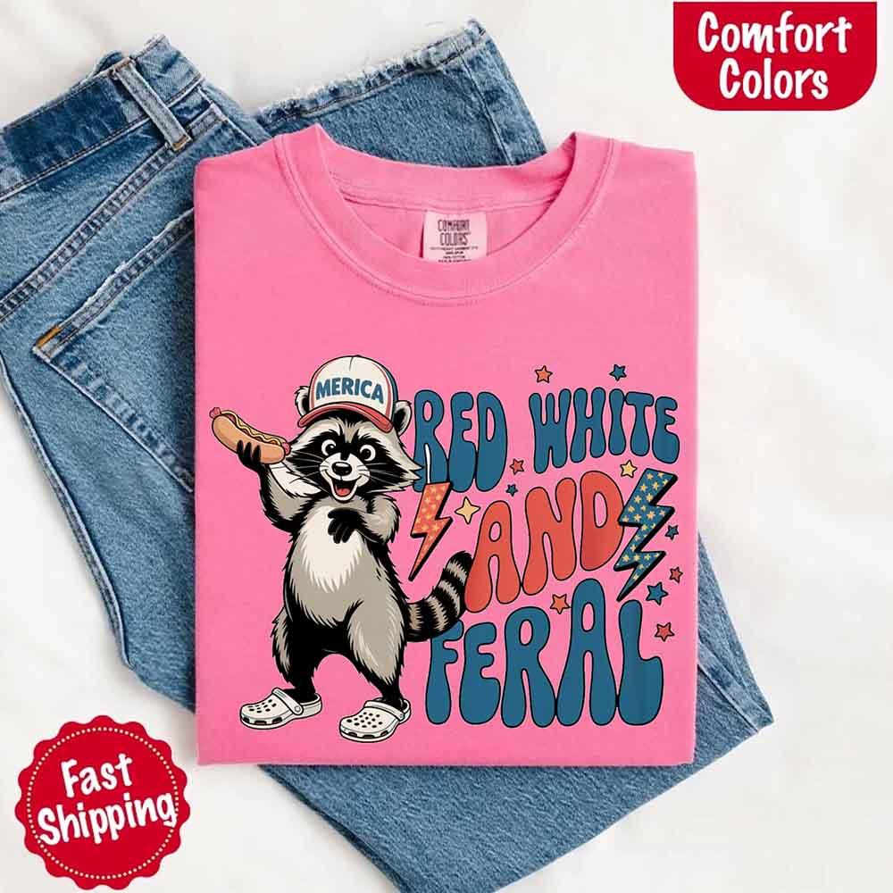 Red White & Feral Comfort Colors Tee – Funny Raccoon 4th of July Shirt - Image 20