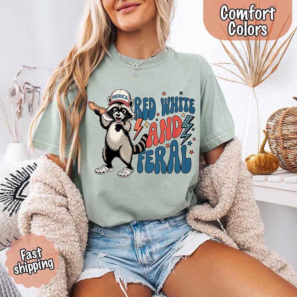 Red White & Feral Comfort Colors Tee – Funny Raccoon 4th of July Shirt - Image 21