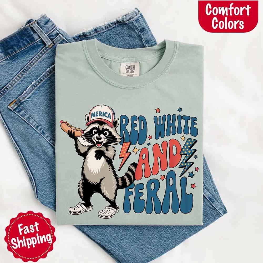 Red White & Feral Comfort Colors Tee – Funny Raccoon 4th of July Shirt - Image 22