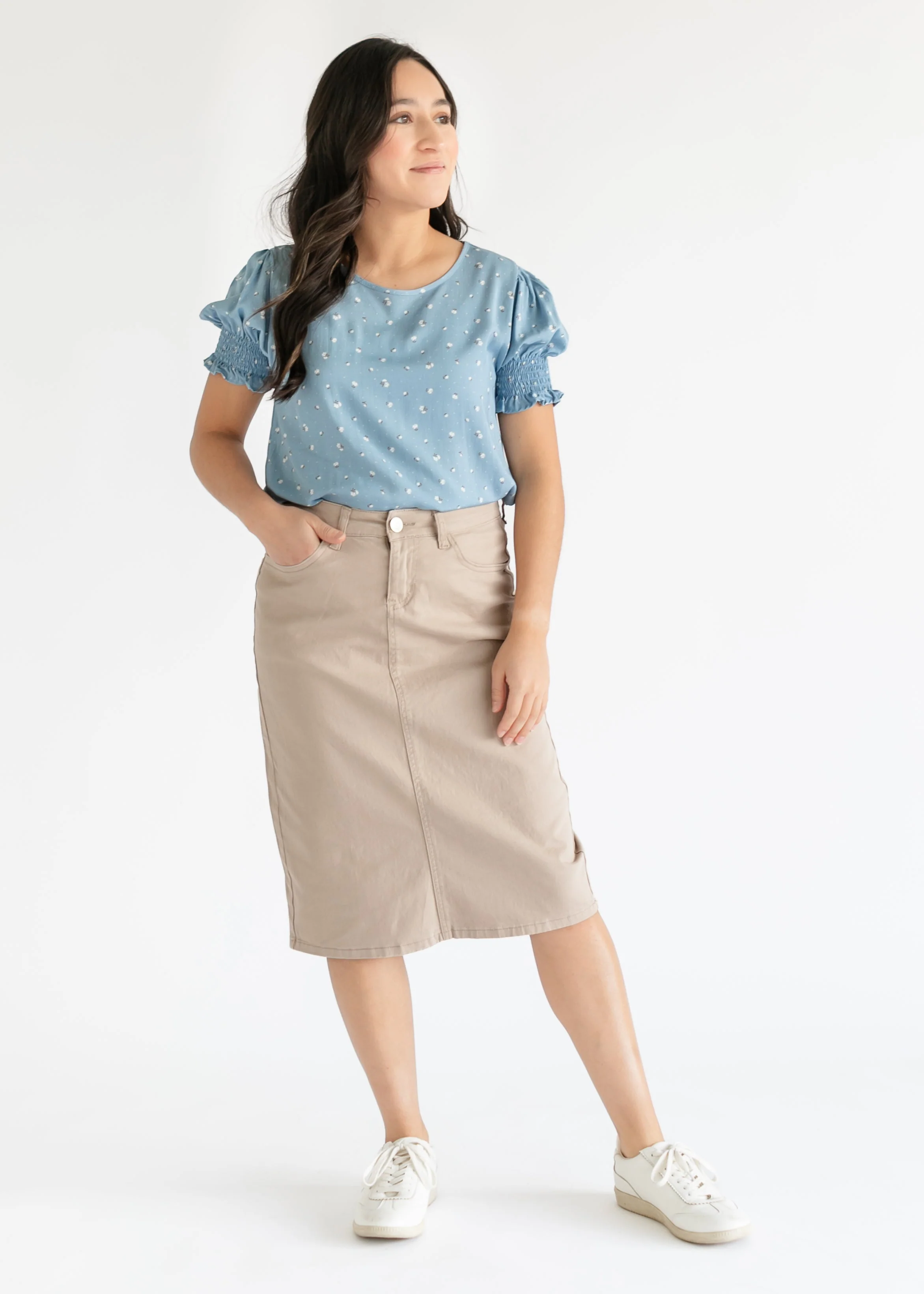 Remi Simply Taupe Denim Midi Skirt - Image 11
