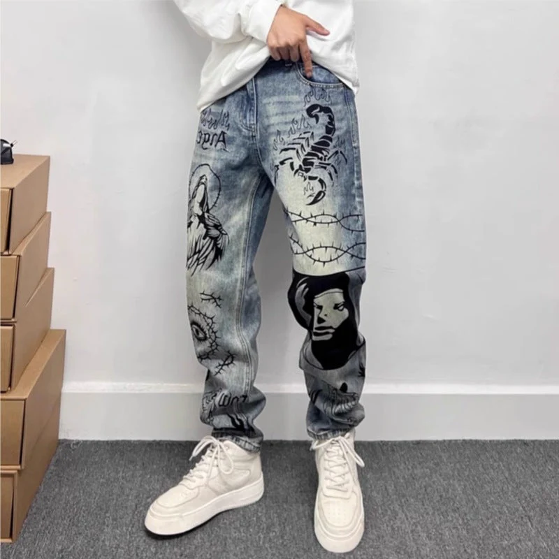 Retro Blue Skinny Jeans High Street Graffiti Printing Loose - Image 2