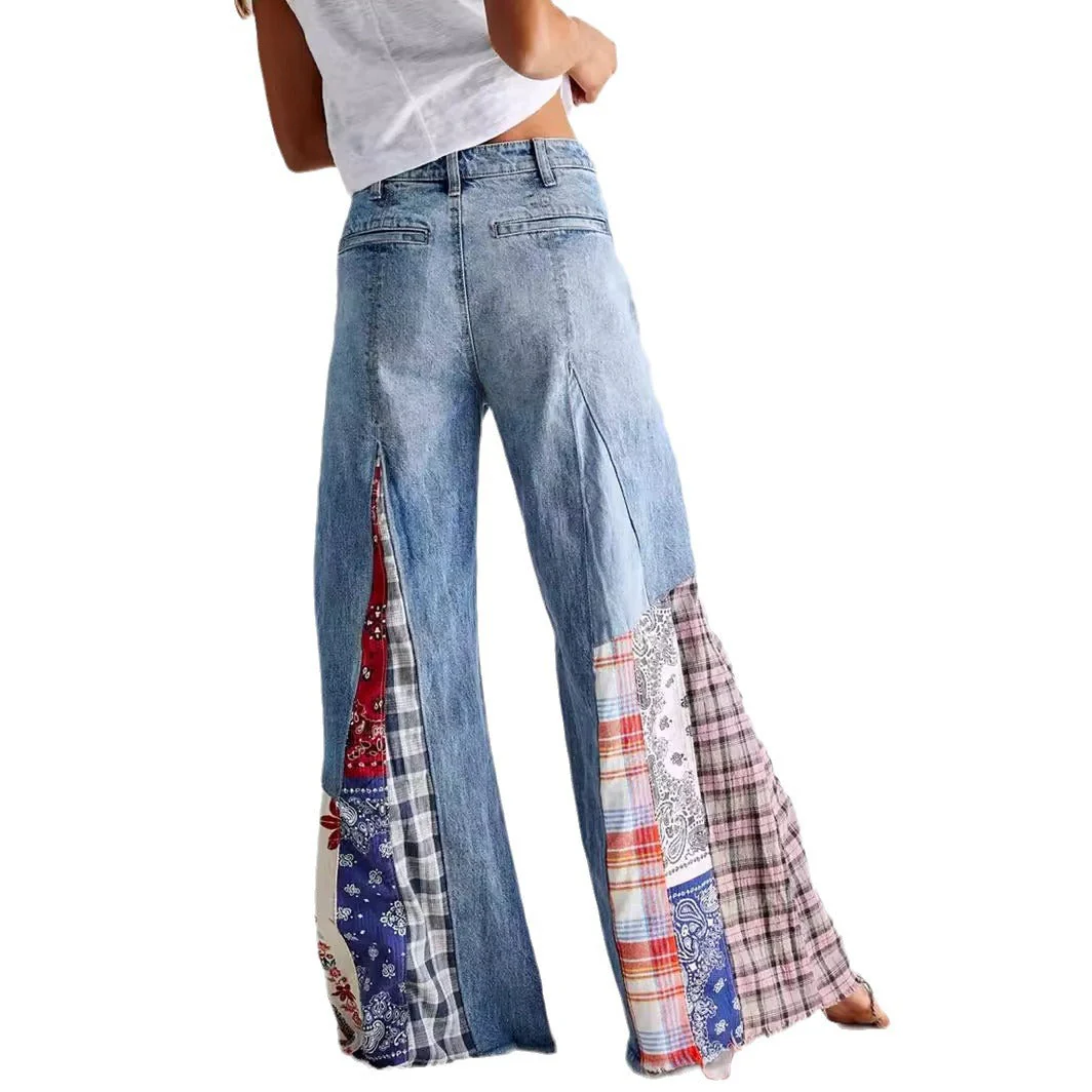 Retro Denim Stitching Button High Waist Wide Leg Jeans - Image 5