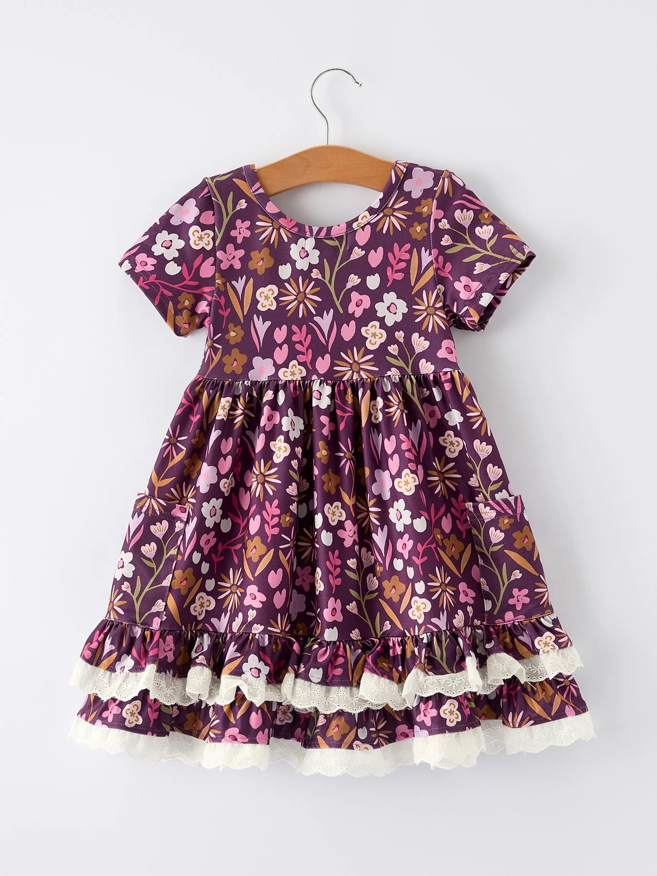 Retro Floral Print Short Sleeve  Girls Dress  with Pockets - Image 2