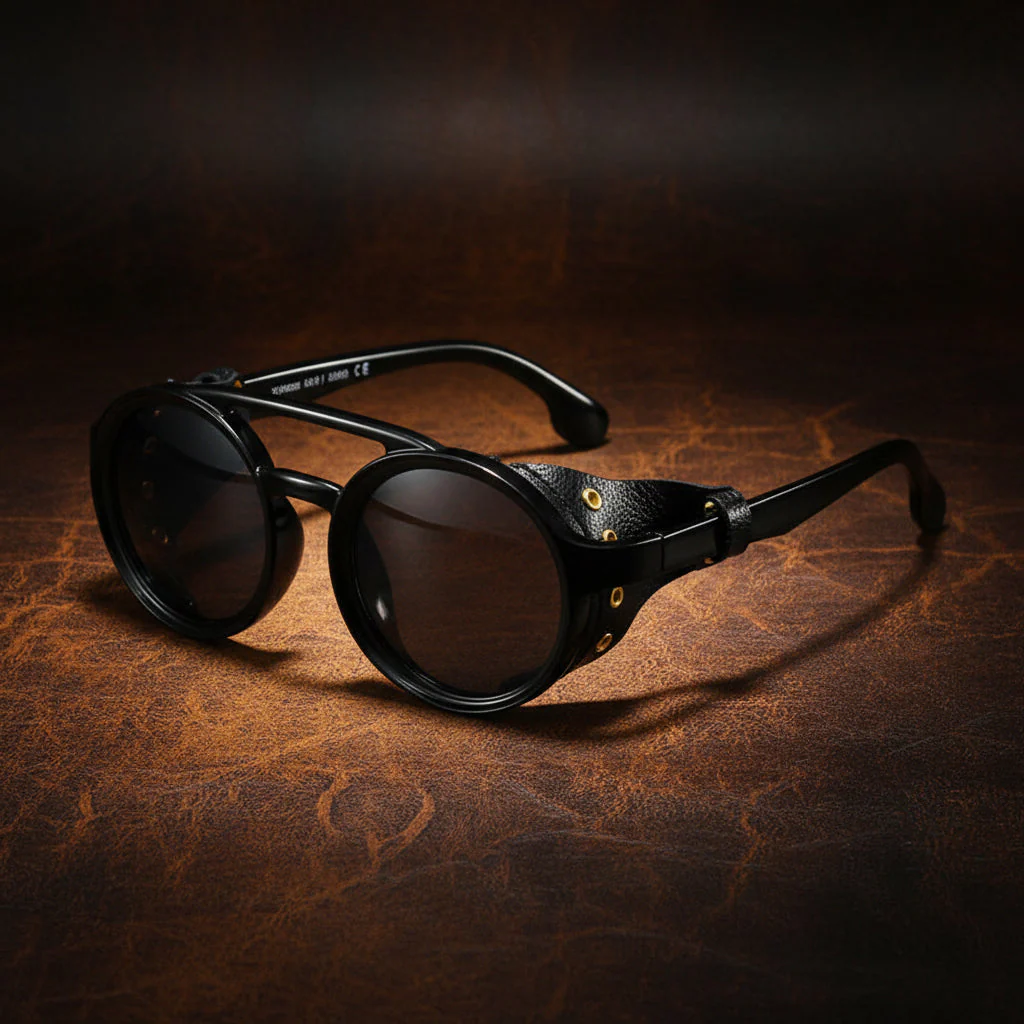 Retro Round Leather Frame Sunglasses – Vintage Fashion Eyewear - Image 4
