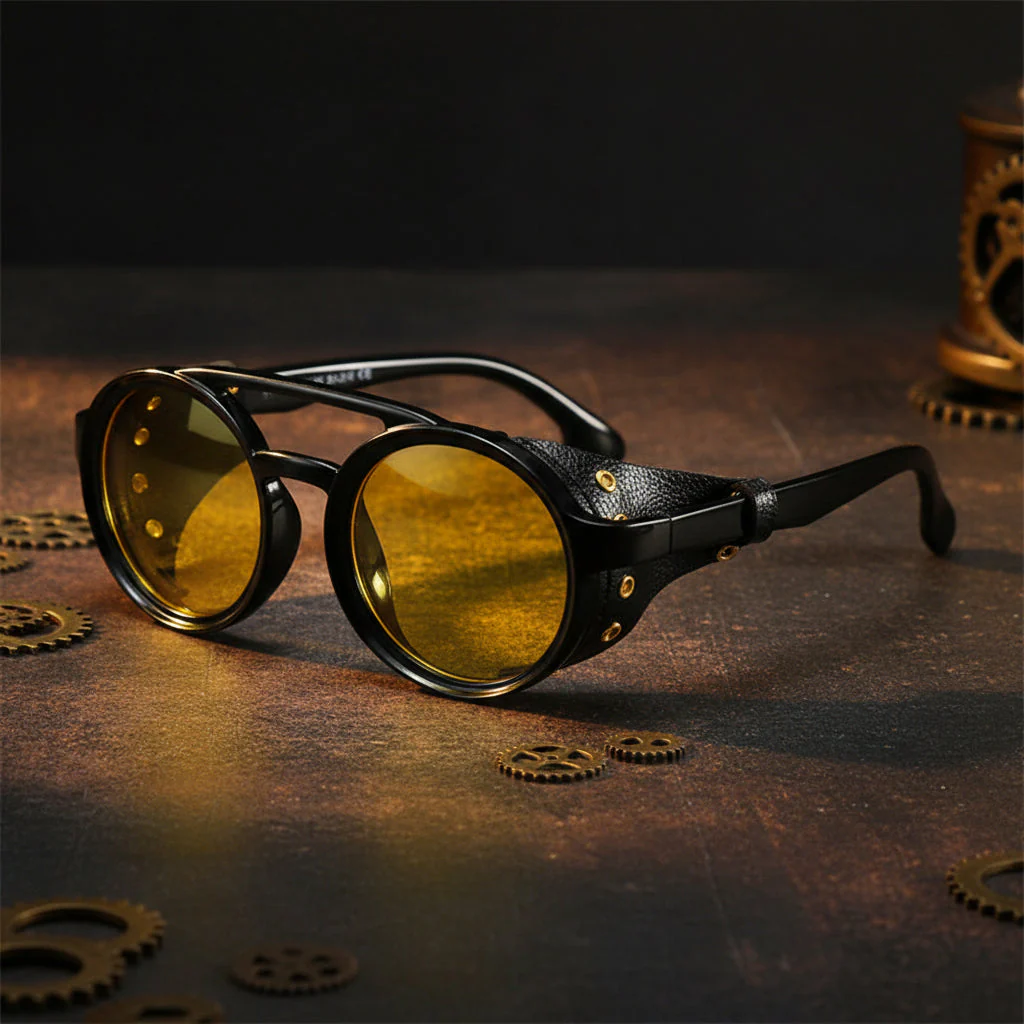 Retro Round Leather Frame Sunglasses – Vintage Fashion Eyewear - Image 7