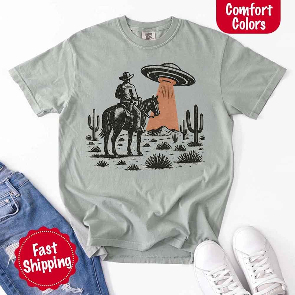 Retro UFO Cowboy Tee – Unisex Comfort Colors Shirt - Image 13