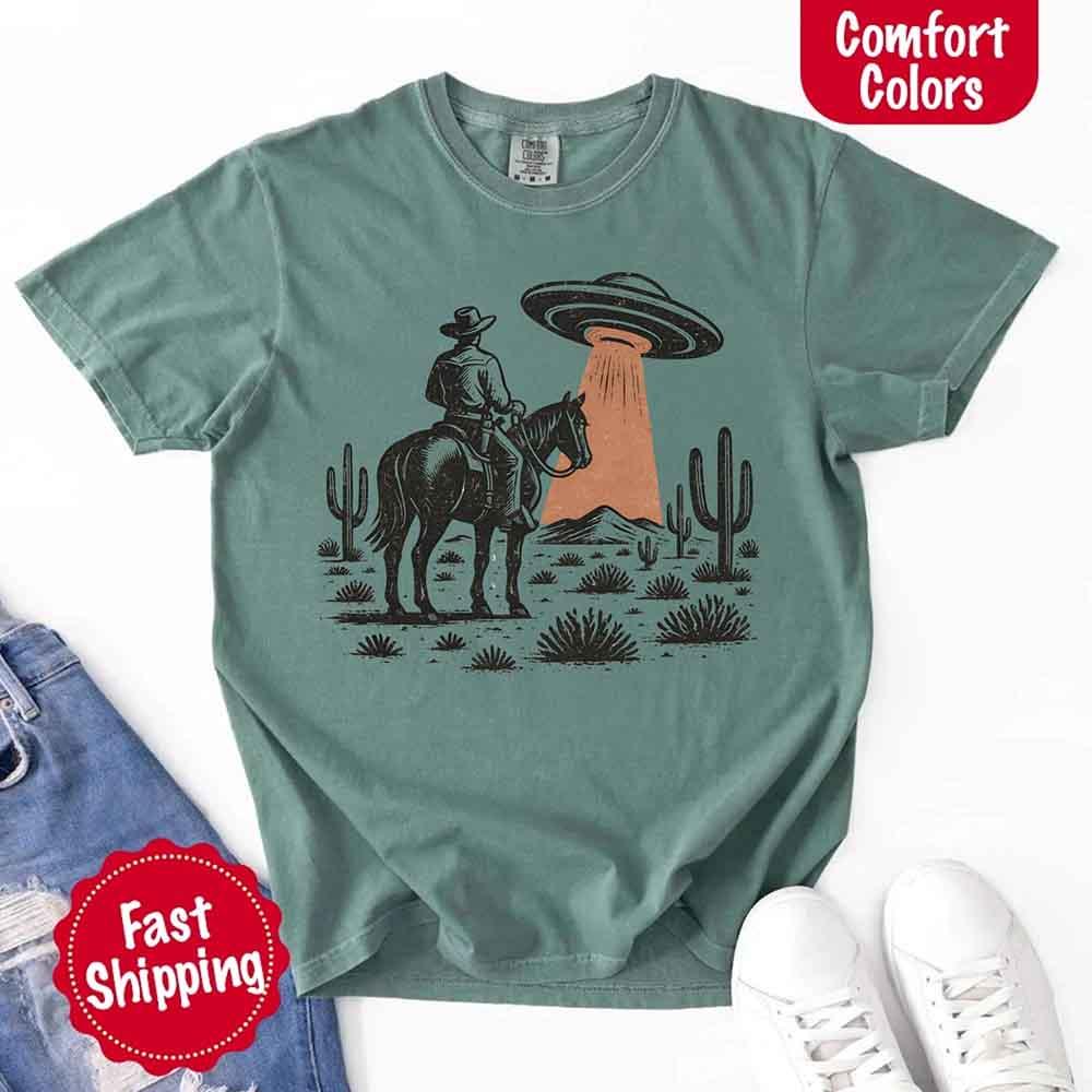 Retro UFO Cowboy Tee – Unisex Comfort Colors Shirt - Image 4