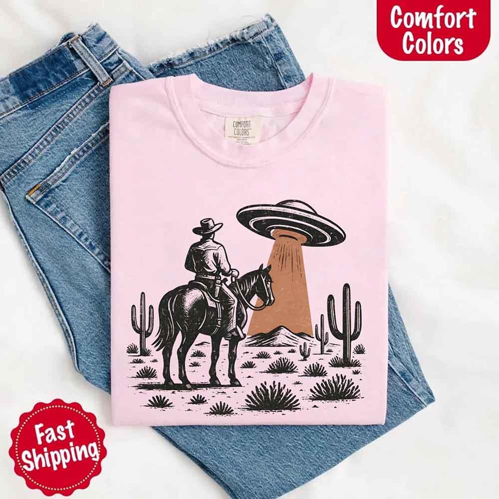 Retro UFO Cowboy Tee – Unisex Comfort Colors Shirt - Image 5