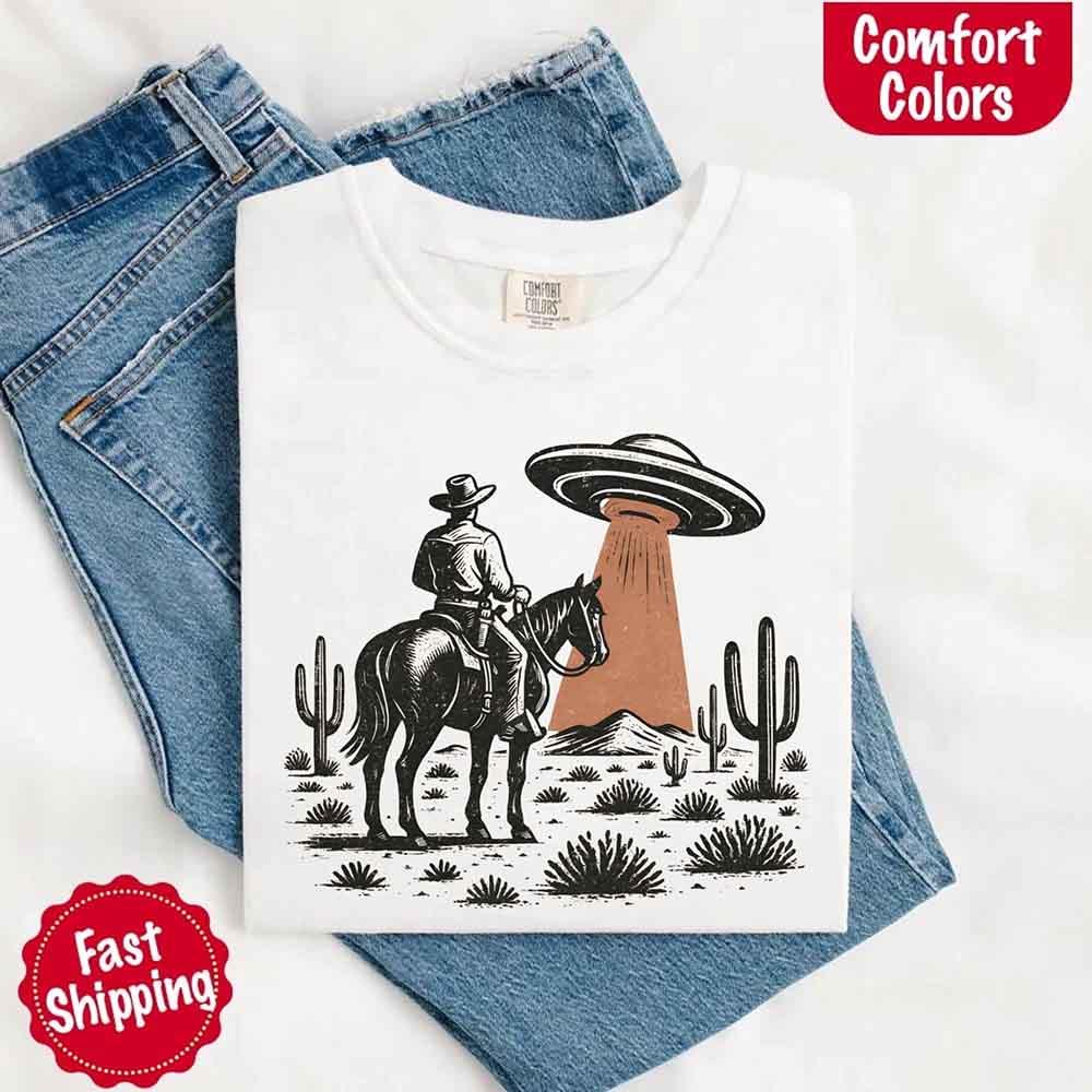 Retro UFO Cowboy Tee – Unisex Comfort Colors Shirt - Image 9