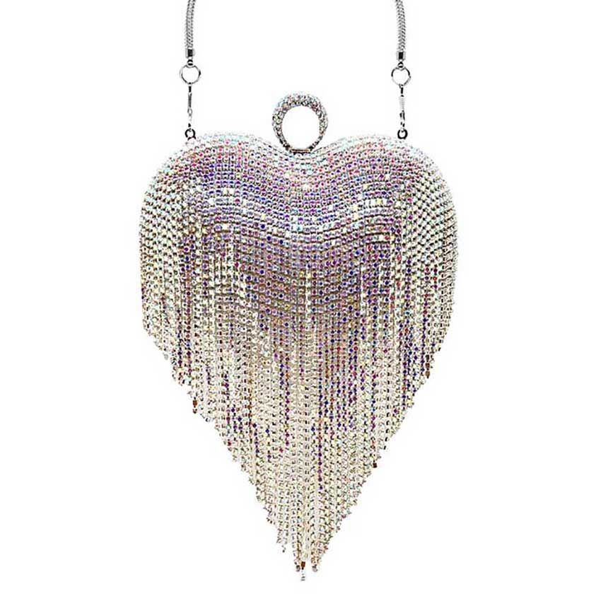 Rhinestone Fringe Heart Evening Tote Clutch Crossbody Bag - Image 5